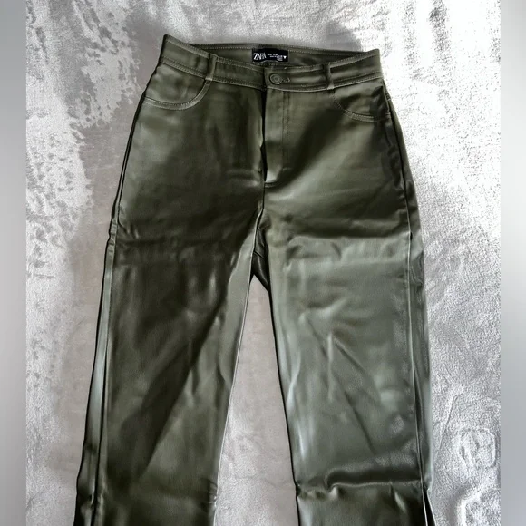 ZARA Faux Leather Dark Khaki Leggings - Picture 3 of 5
